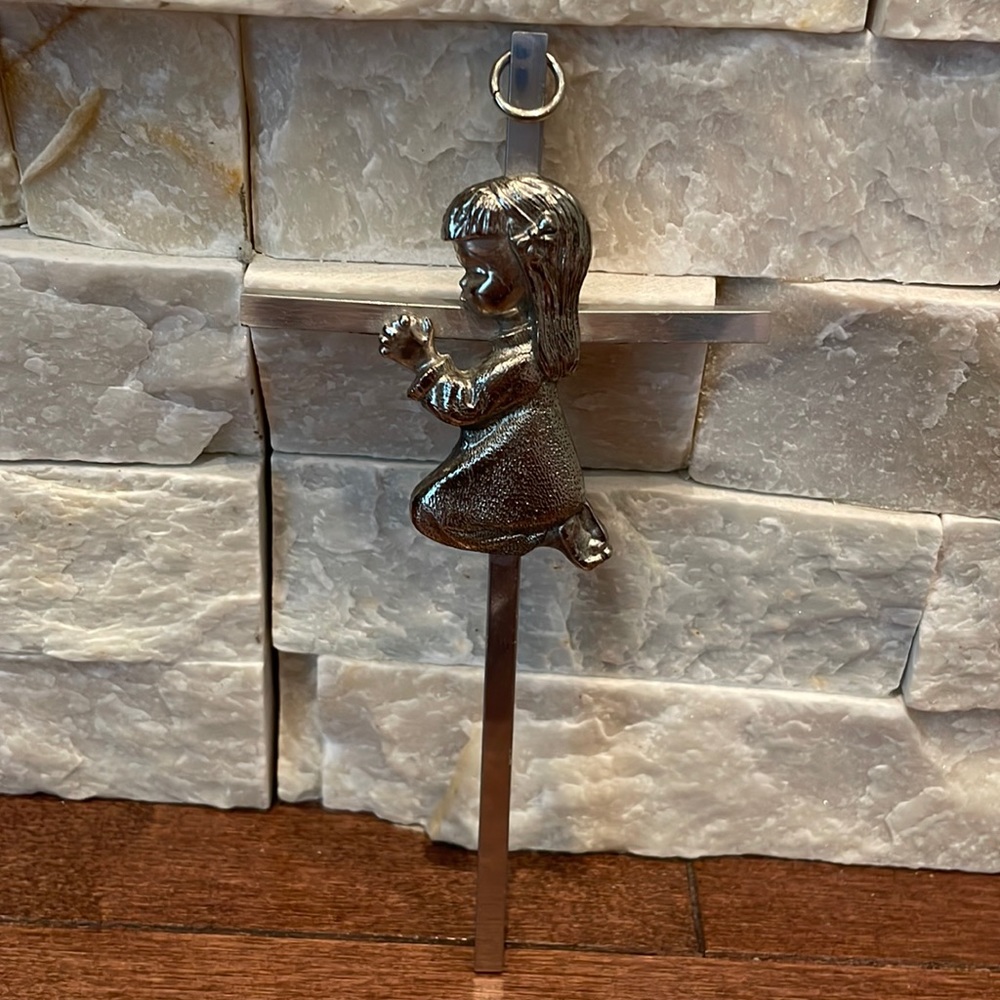 Vintage Metal Cross with Praying Girl